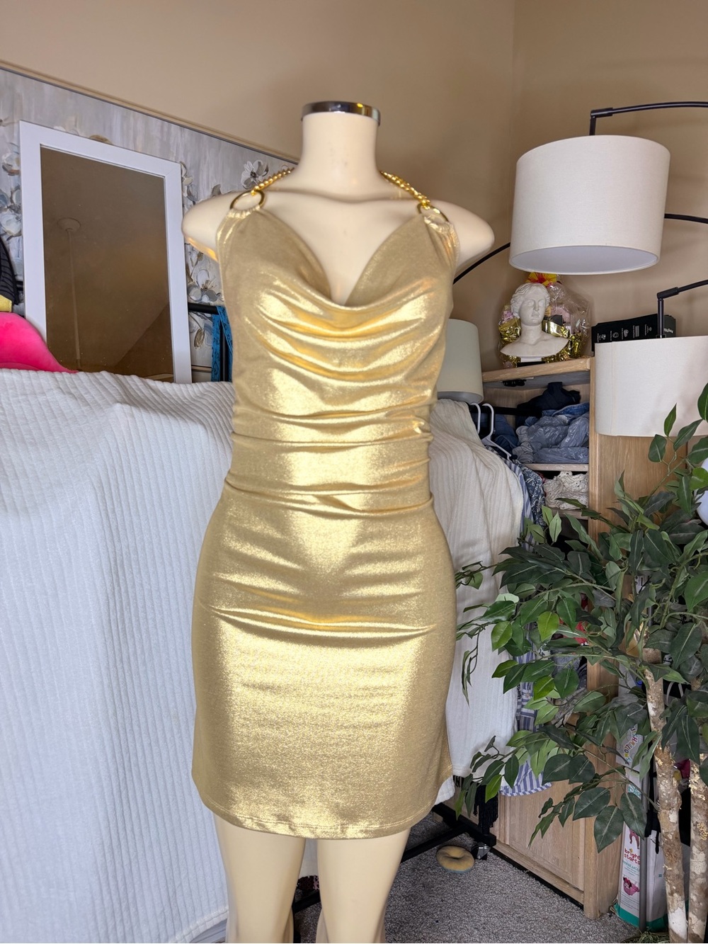 NWT Body Central Gold Metallic Halter Mini Dress M